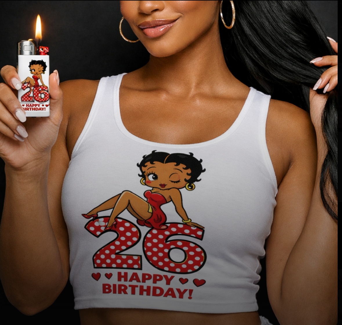 Model wearing a personalized birthday top and holding a matching lighter