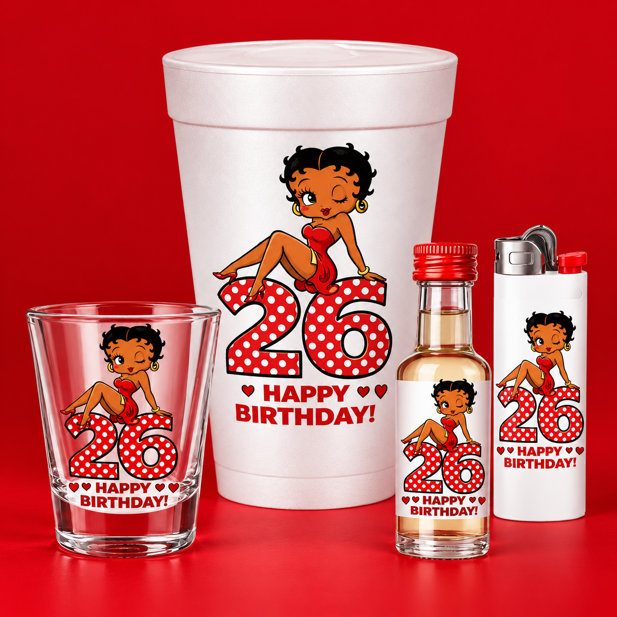 Betty Boop custom birthday cup, shot glass, mini bottle, and lighter set